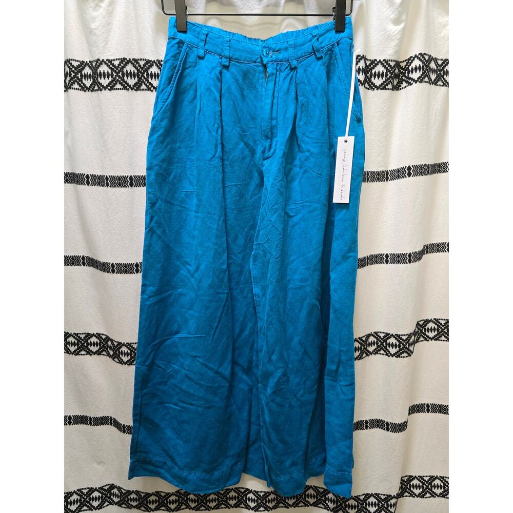 NWT Young Fabulous & Broke blue wide leg cropped high waist linen blend pants XS